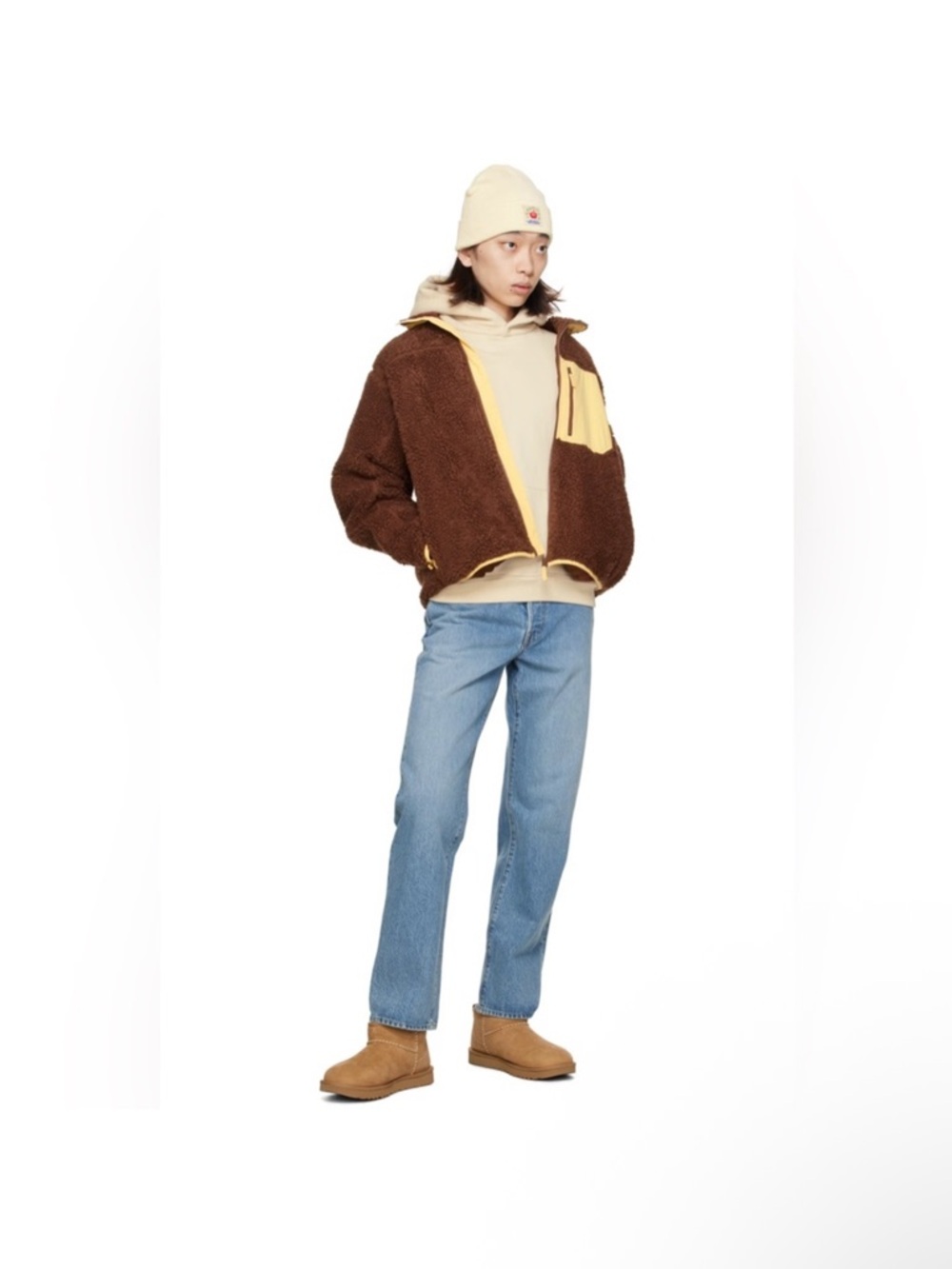 Madhappy Sherpa Fleece Jacket Brown/ Yellow Zip Up Cozy Streetwear Size M - Picture 4 of 4